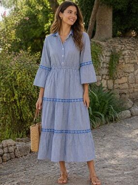 Dress Nado White & Blue Stripe Midi Dress with Embroidered Detail Like New Large